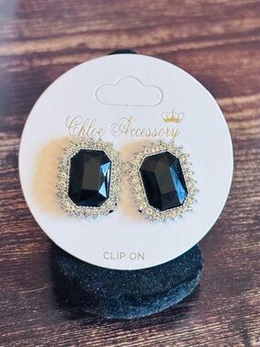 Chloe Accessory Black Crystal Rhinestone Clip-On Earrings